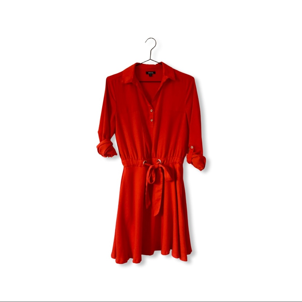 XOXO Red Mini Swing Dress with Collar + Tie Waist